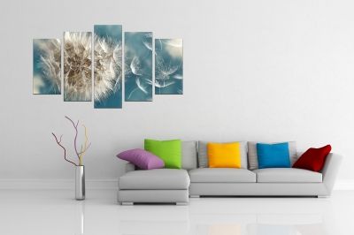 canvas wall art in white and blue with dandelion