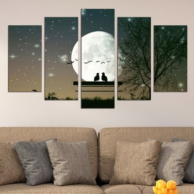 canvas wallart set 5 pieces birds in love moonlight