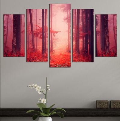 0662 Wall art decoration (set of 5 pieces) Forest landscape in red