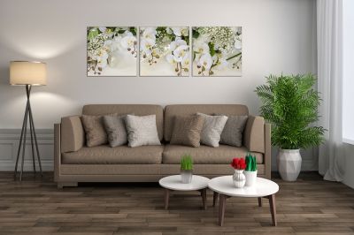 Wall art decoration set of 3 with orchids in green and white for bedroom