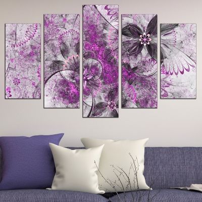 wall art canvas decoration set with abstract flowers purple and grey