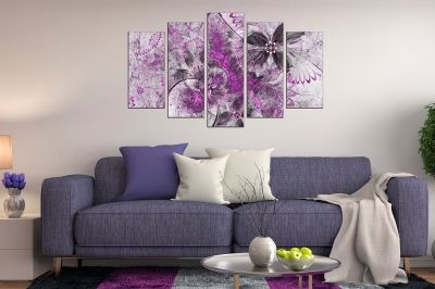 canvas print decoration with abstract flowers purple grey