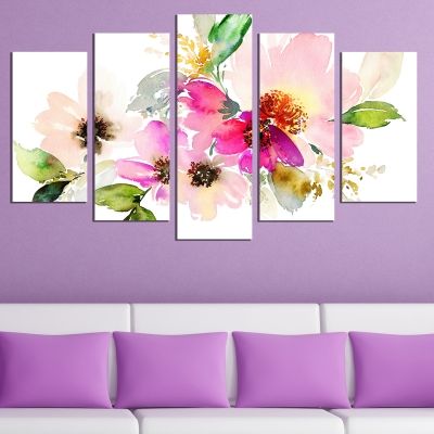 Canvas wall art for living room or bedroom with art flowers jentle colors pink green purple