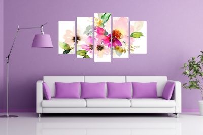 Painting canvas wall art with art flowers jentle colors pink green purple