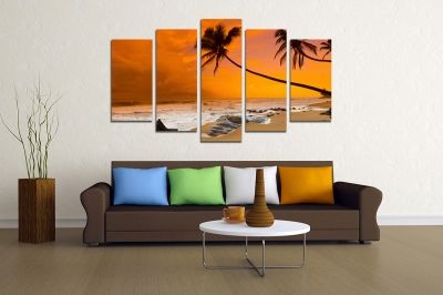 Canvas fine art decoration with seascape sunset with palms