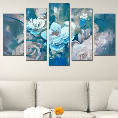 0690 Wall art decoration (set of 5 pieces) Art flowers - blue
