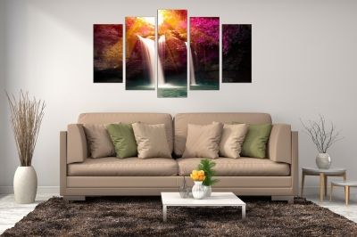 Пано от 5 картини Пейзаж с водопад лилаво