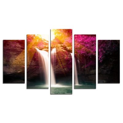 0695 Wall art decoration (set of 5 pieces) Forest landscape with waterfall