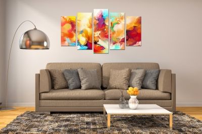 canvas print decoration with abstract flowers orange and purple and yellow colorful