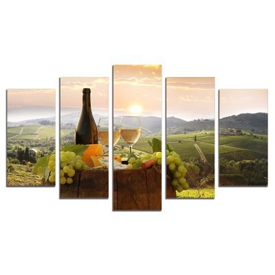 0481 Wall art decoration (set of 5 pieces) Landscape with white wine and grapes