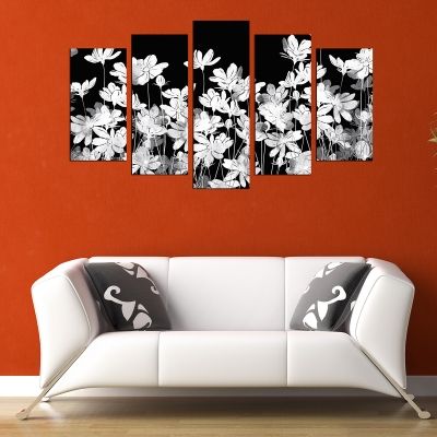 0711 Wall art decoration (set of 5 pieces) Jentle white flowers on black background