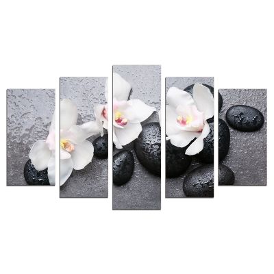0594 Wall art decoration (set of 5 pieces) Zen composition with orchids and stones