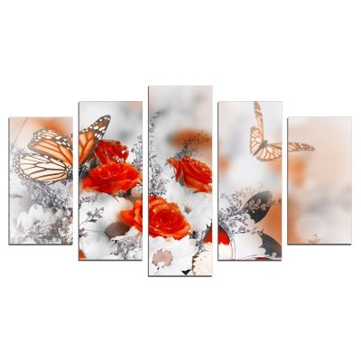 0630 Wall art decoration (set of 5 pieces) Roses and butterflies
