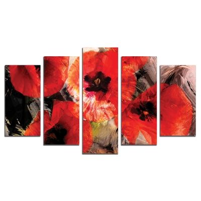 0291 Картина пано от 5 части Абстрактни червени цветя