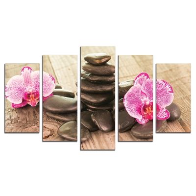 0582 Wall art decoration (set of 5 pieces) Orchids and stones on wooden background