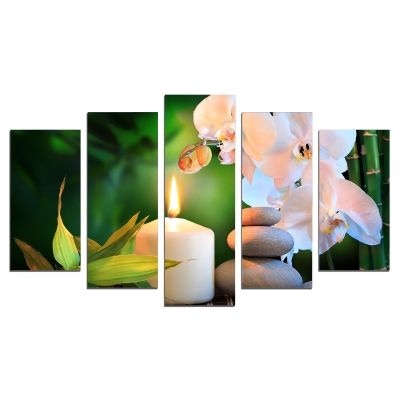 0620  Wall art decoration (set of 5 pieces) White orchids on green background