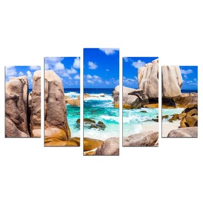 0621 Картина-пано от 5 части Пейзаж с див скалист плаж