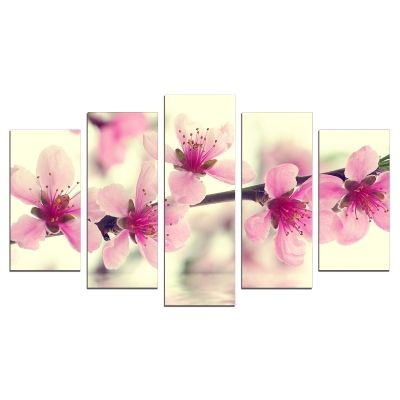 0636 Wall art decoration (set of 5 pieces) Branch with pink blossoms