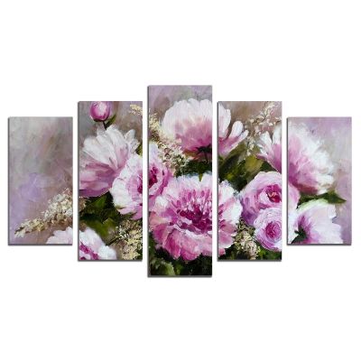 0258_1 Wall art decoration (set of 5 pieces) Purple flowers
