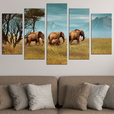 0718 Wall art decoration (set of 5 pieces) Elephant family