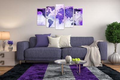 Wall art panels decoration 5 pices ancient map in purple