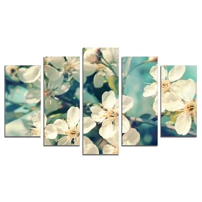 0722 Wall art decoration (set of 5 pieces) Blooming branches on blue background