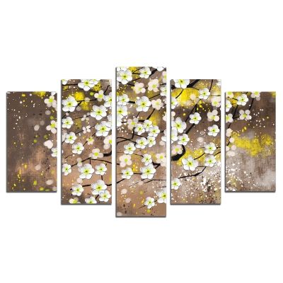 0723 Картина-пано от 5 части Бели пролетни цветчета