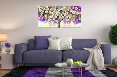 Wall art canvas decoration spring flowers in white, purple, yellow