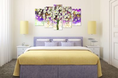Canvas wall art set for bedroom with 3d blooming spring flowers white and purple