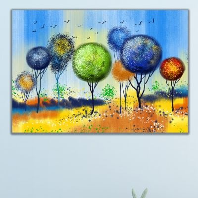 Wall art decoration for kids room abstract trees blue orange yellow