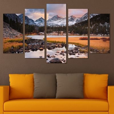 wall art canvas decoration set with beautiful mountain landscape and lake