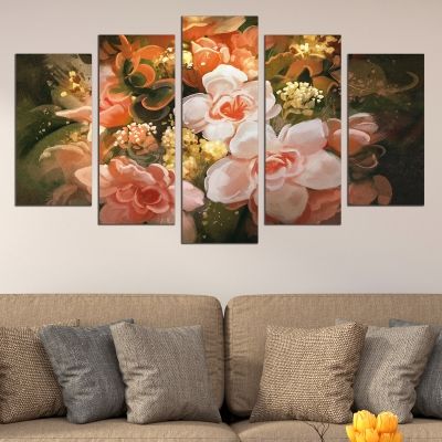 wall art canvas decoration set with aрт flowers green, orange, pink