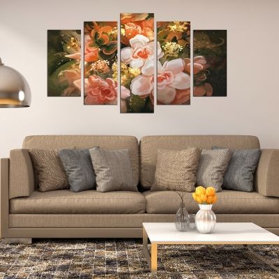 Living room wall decoration set with flowers in green, orange and pink