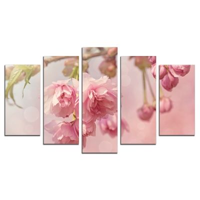 0477 Wall art decoration (set of 5 pieces) Pink cherry blossom tree