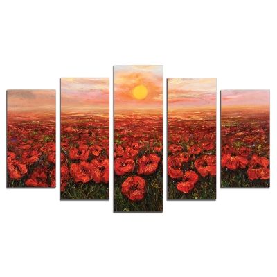 0504 Wall art decoration (set of 5 pieces) Landscape with fild of poppies