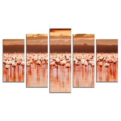 0530 Wall art decoration (set of 5 pieces) Flamingos on sunset