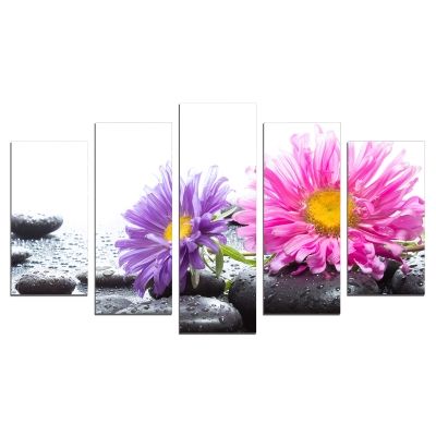0658 Wall art decoration (set of 5 pieces) Zen composition with beautiful gerberas and stones