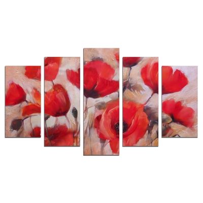 0607 Wall art decoration (set of 5 pieces) Red poppies