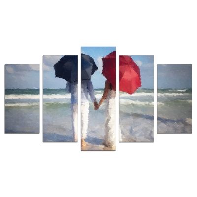 0622 Картина-пано от 5 части Влюбена двойка на плажа
