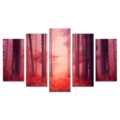 0662 Wall art decoration (set of 5 pieces) Forest landscape in red