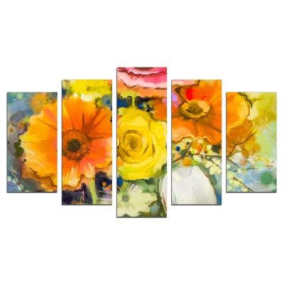 0665 Wall art decoration (set of 5 pieces) Art flowers yellow and orange