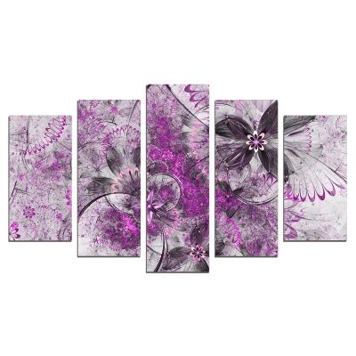 0668 Wall art decoration (set of 5 pieces) Abstract flowers in purple and grey