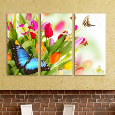 0064 Wall art decoration (set of 3 pieces)Tulips and butterflies