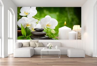 T0146 Wallpaper White orchids on green background