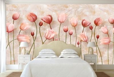 фототапет 3Д за спалня с нежни лалета в розово 3д орхидеи