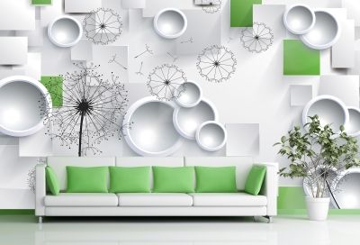 T9003 Wallpaper 3D Dandelions - white and green