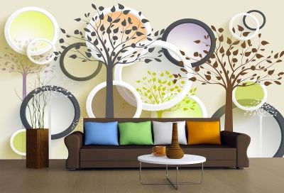 3д абстрактни дървета и кръгове фототапет за стена