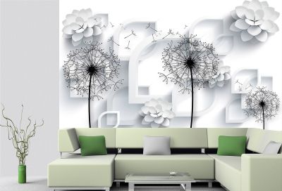 T9010 Wallpaper 3D Dandelions - white and black
