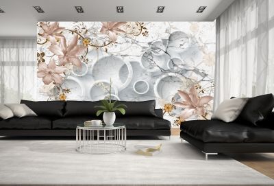 T9017 Wallpaper 3D Circles and vintage flowers