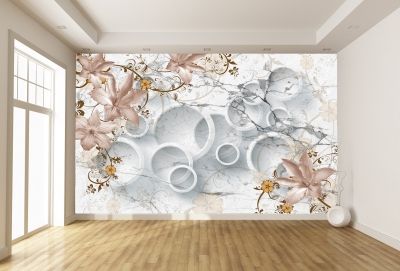 T9017 Wallpaper 3D Circles and vintage flowers